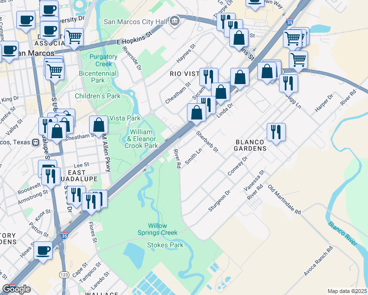 map of restaurants, bars, coffee shops, grocery stores, and more near 502 River Road in San Marcos