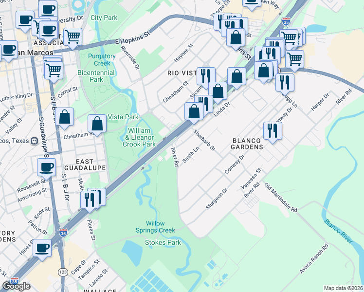 map of restaurants, bars, coffee shops, grocery stores, and more near 115 Smith Lane in San Marcos