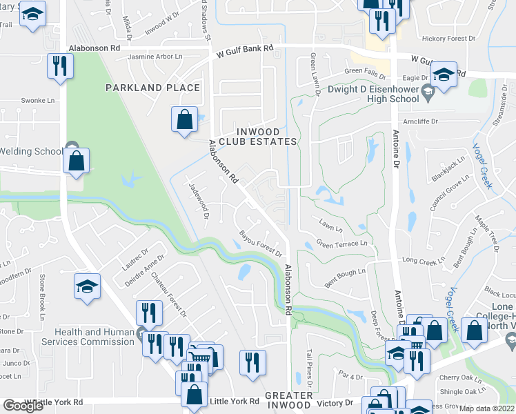 map of restaurants, bars, coffee shops, grocery stores, and more near 7303 Alabonson Road in Houston