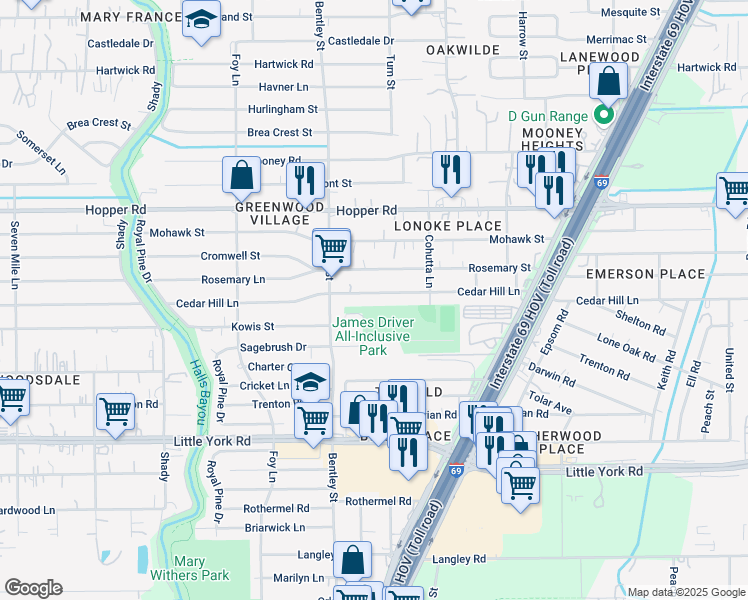 map of restaurants, bars, coffee shops, grocery stores, and more near 10918 Bentley Street in Houston