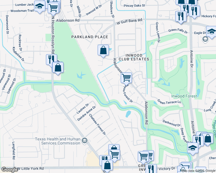 map of restaurants, bars, coffee shops, grocery stores, and more near 7226 Jadewood Drive in Houston