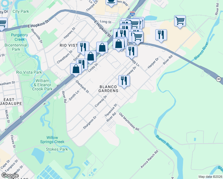 map of restaurants, bars, coffee shops, grocery stores, and more near 1005 Conway Drive in San Marcos