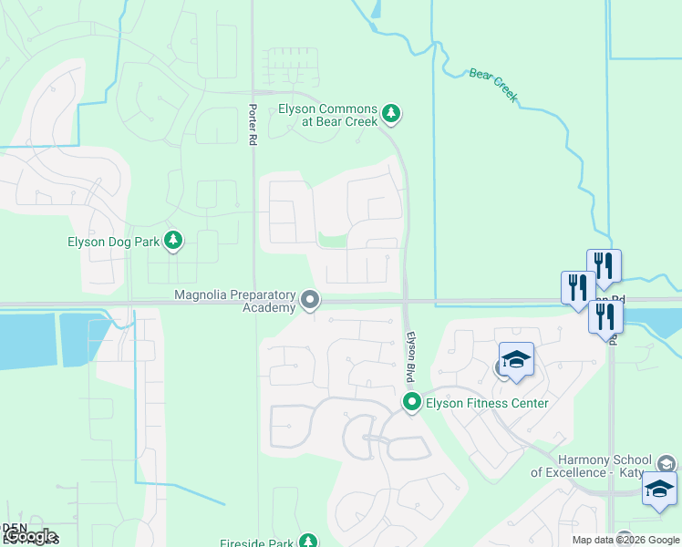 map of restaurants, bars, coffee shops, grocery stores, and more near 23730 Kingston Ridge Way in Katy