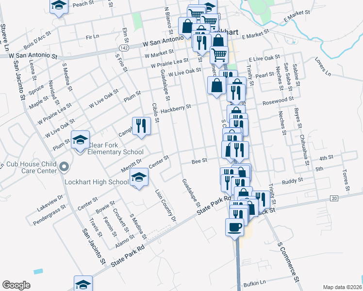 map of restaurants, bars, coffee shops, grocery stores, and more near 813 Guadalupe Street in Lockhart