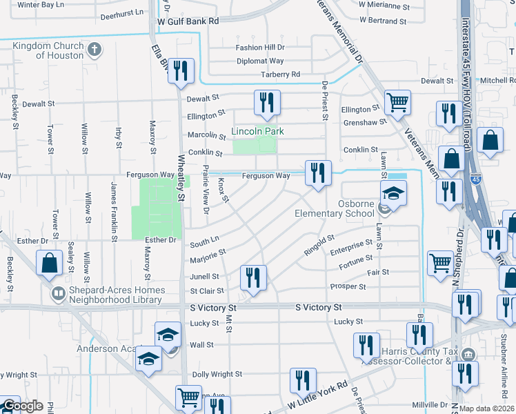 map of restaurants, bars, coffee shops, grocery stores, and more near 991 South Lane in Houston