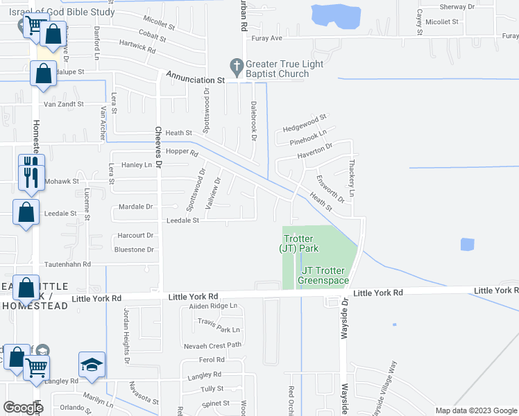 map of restaurants, bars, coffee shops, grocery stores, and more near 11022 Dalebrook Drive in Houston