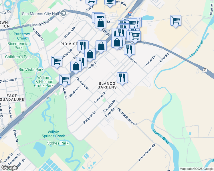 map of restaurants, bars, coffee shops, grocery stores, and more near in San Marcos