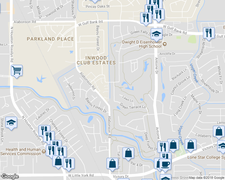 map of restaurants, bars, coffee shops, grocery stores, and more near 7611 Green Lawn Drive in Houston