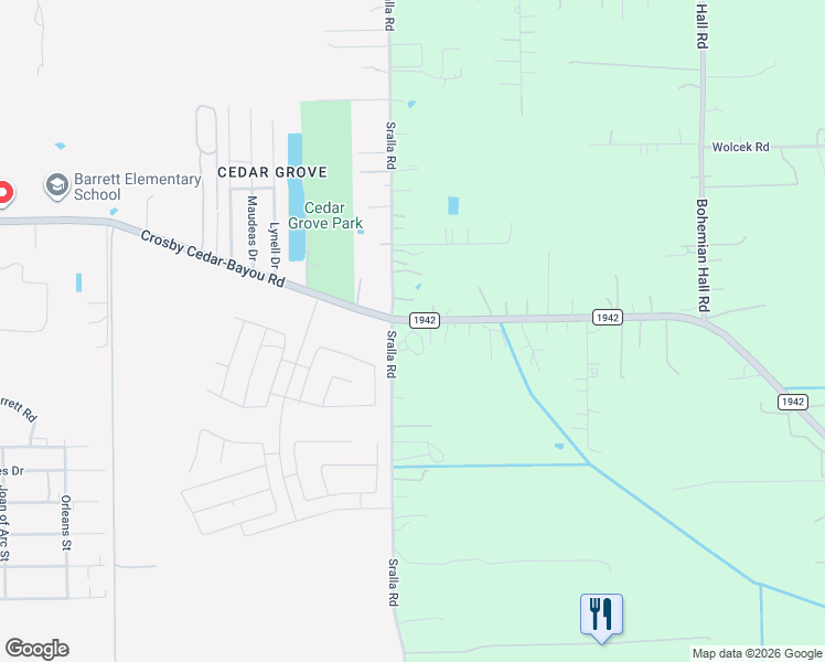 map of restaurants, bars, coffee shops, grocery stores, and more near 13210 Sralla Road in Crosby
