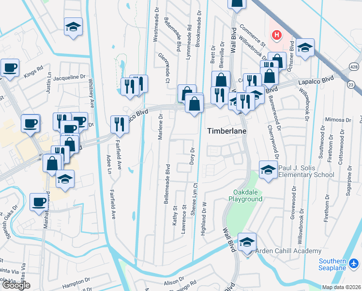 map of restaurants, bars, coffee shops, grocery stores, and more near 835 Charlie Drive in Gretna
