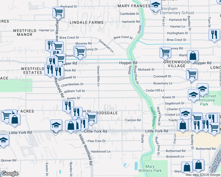map of restaurants, bars, coffee shops, grocery stores, and more near 2435 Chamberlain Street in Houston