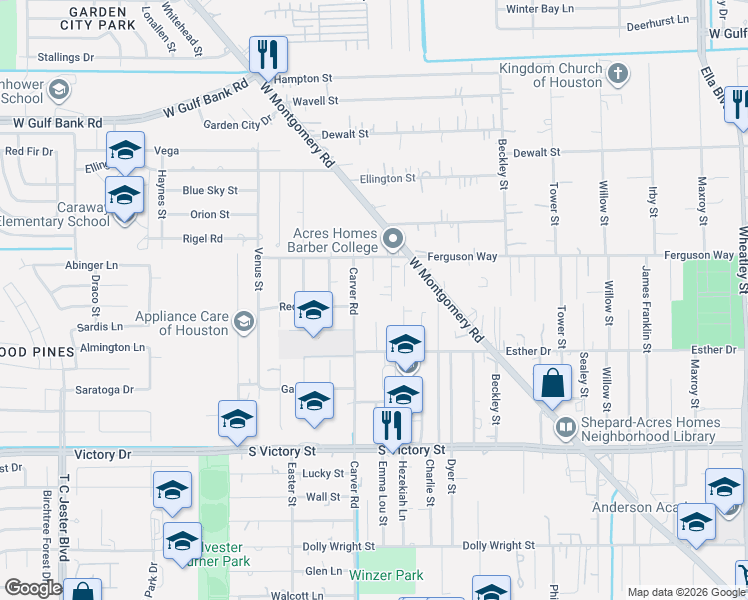 map of restaurants, bars, coffee shops, grocery stores, and more near 8321 Burg Street in Houston