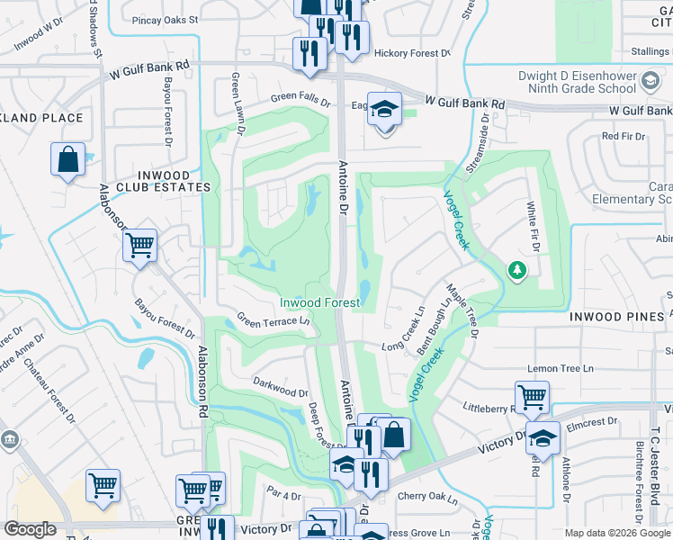map of restaurants, bars, coffee shops, grocery stores, and more near 7722 Antoine Drive in Houston