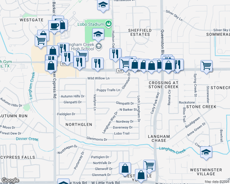 map of restaurants, bars, coffee shops, grocery stores, and more near 17423 Autumn Trails Lane in Houston