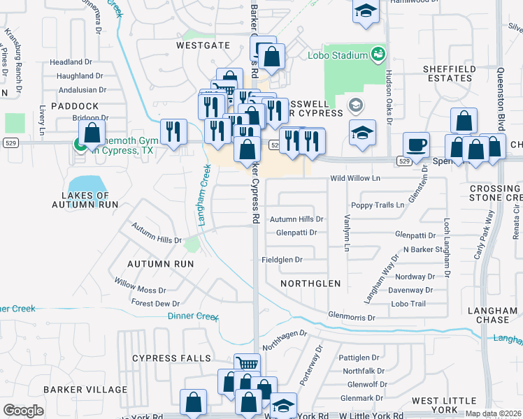 map of restaurants, bars, coffee shops, grocery stores, and more near 18003 Autumn Trails Lane in Katy