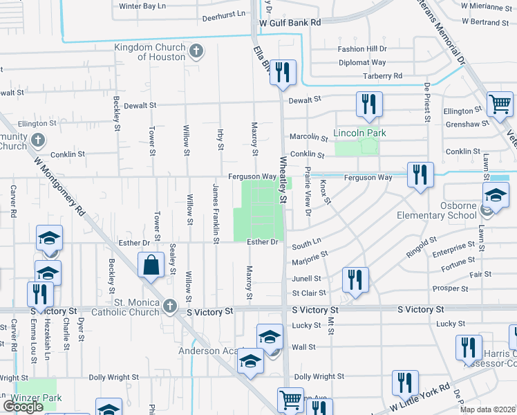 map of restaurants, bars, coffee shops, grocery stores, and more near 8401 Wheatley Street in Houston
