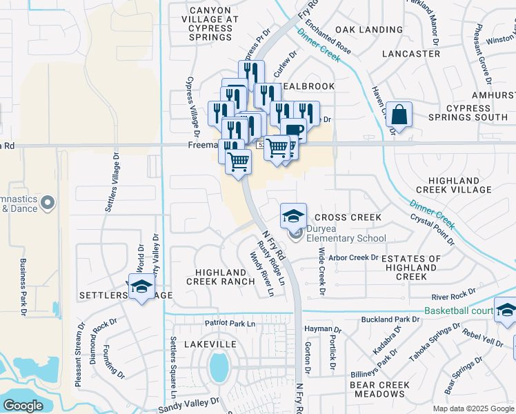 map of restaurants, bars, coffee shops, grocery stores, and more near 6810 North Fry Road in Katy