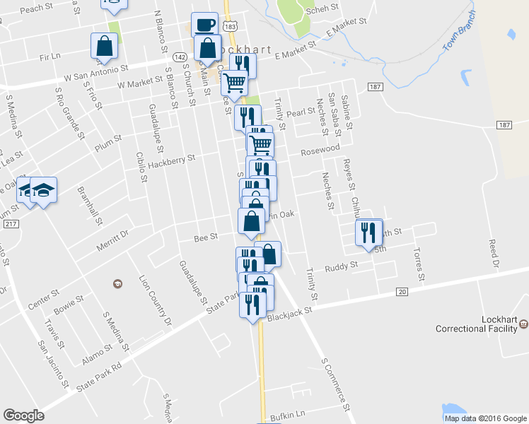 map of restaurants, bars, coffee shops, grocery stores, and more near 830 South Colorado Street in Lockhart