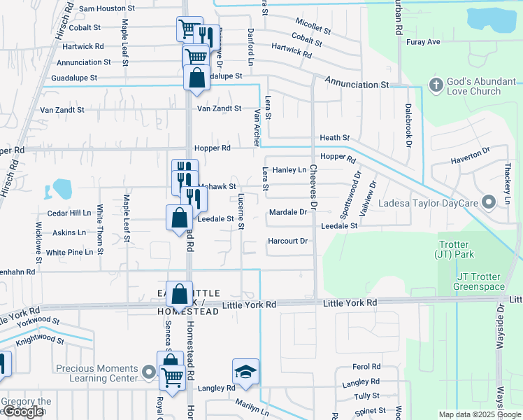 map of restaurants, bars, coffee shops, grocery stores, and more near 11006 Lucerne Street in Houston