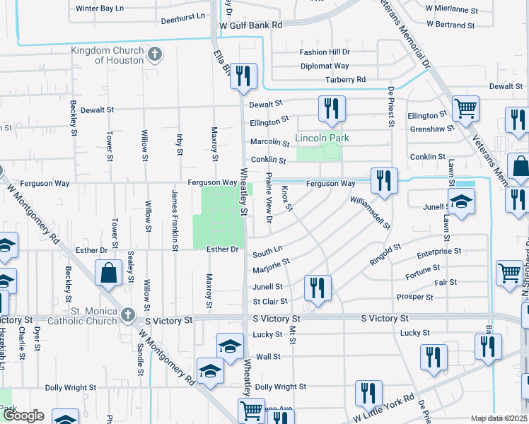 map of restaurants, bars, coffee shops, grocery stores, and more near 8313 Prairie View Drive in Houston