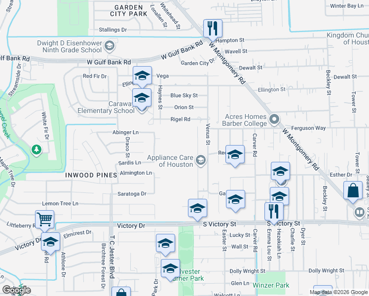 map of restaurants, bars, coffee shops, grocery stores, and more near 8335 Sunnyhill Street in Houston