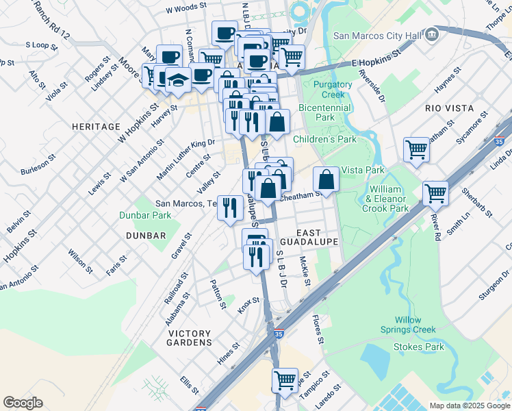 map of restaurants, bars, coffee shops, grocery stores, and more near 390 South L B J Drive in San Marcos