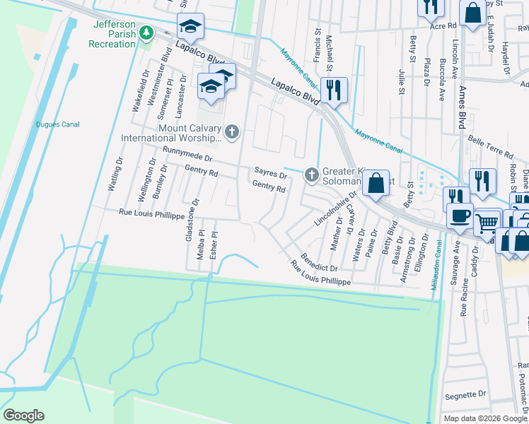 map of restaurants, bars, coffee shops, grocery stores, and more near 2112 Fernando Court in Marrero