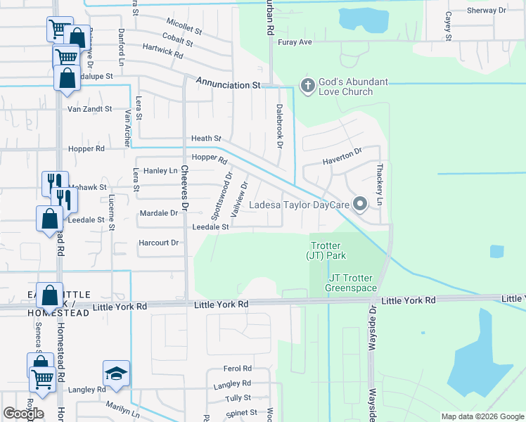 map of restaurants, bars, coffee shops, grocery stores, and more near 6819 Hanley Lane in Houston