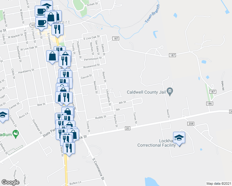 map of restaurants, bars, coffee shops, grocery stores, and more near 902 Luann Lane in Lockhart