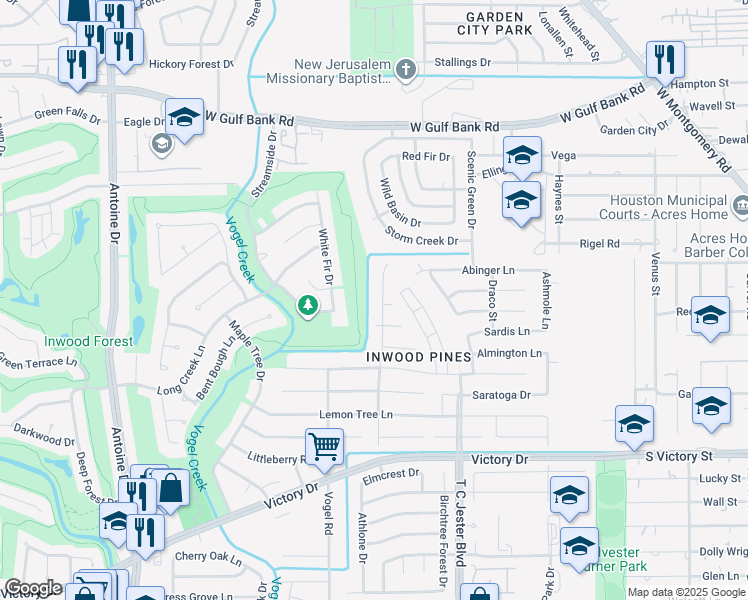 map of restaurants, bars, coffee shops, grocery stores, and more near 7659 Athlone Drive in Houston