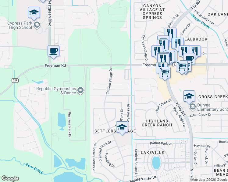 map of restaurants, bars, coffee shops, grocery stores, and more near 20170 Southern Colony Court in Katy