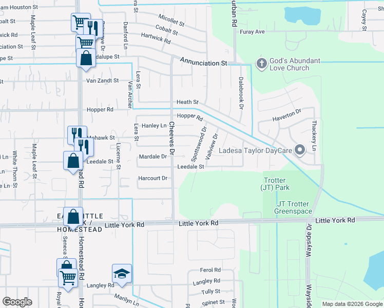 map of restaurants, bars, coffee shops, grocery stores, and more near 6519 Rosemary Lane in Houston