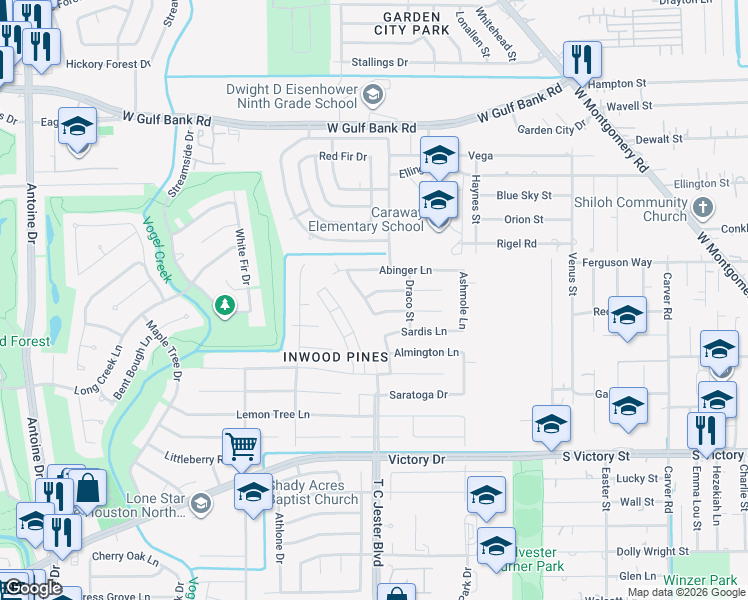 map of restaurants, bars, coffee shops, grocery stores, and more near 3618 Pine Ridge Lane in Houston