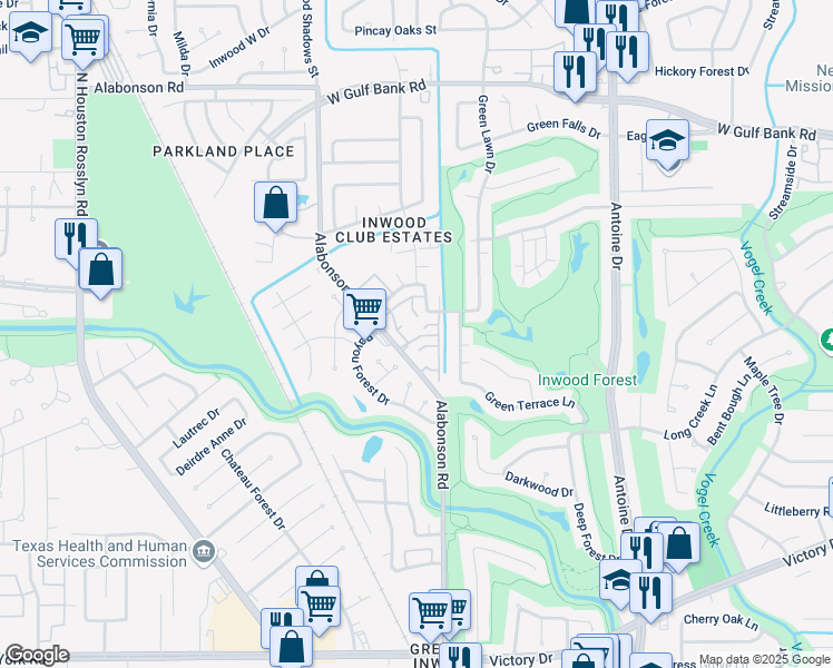 map of restaurants, bars, coffee shops, grocery stores, and more near 6102 Long Leaf Drive in Houston