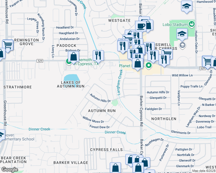 map of restaurants, bars, coffee shops, grocery stores, and more near 18306 Autumn Trails Lane in Katy