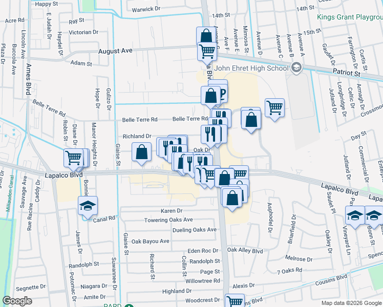 map of restaurants, bars, coffee shops, grocery stores, and more near 5047 Oak Drive in Marrero