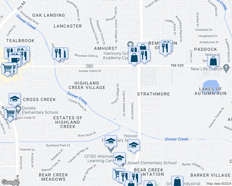 map of restaurants, bars, coffee shops, grocery stores, and more near 6823 Prairie Village Drive in Katy