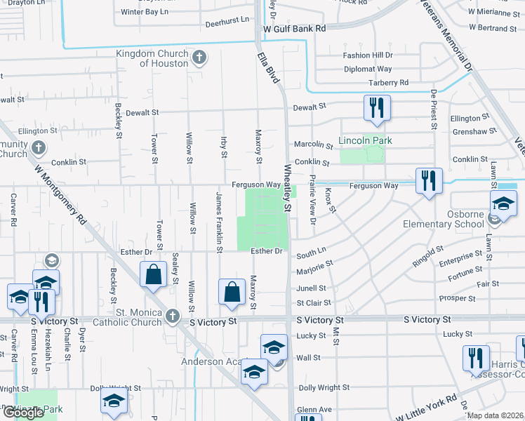 map of restaurants, bars, coffee shops, grocery stores, and more near 8401 Wheatley Street in Houston
