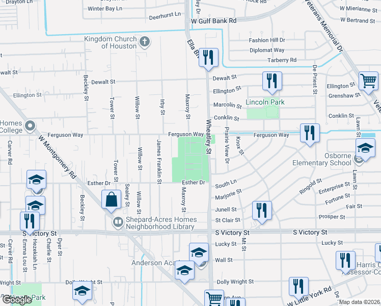 map of restaurants, bars, coffee shops, grocery stores, and more near 8401 Wheatley Street in Houston