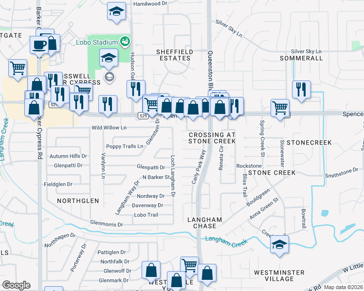 map of restaurants, bars, coffee shops, grocery stores, and more near 6814 Loch Langham Drive in Houston