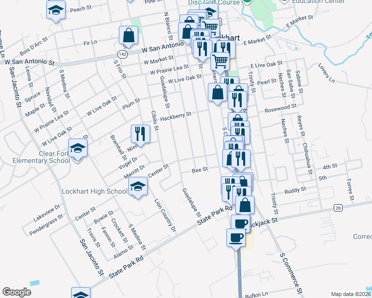 map of restaurants, bars, coffee shops, grocery stores, and more near 728 Guadalupe Street in Lockhart