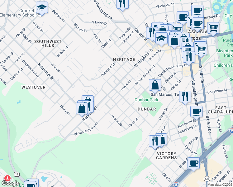map of restaurants, bars, coffee shops, grocery stores, and more near 1003 Hopkins Street in San Marcos
