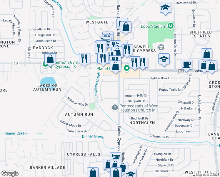map of restaurants, bars, coffee shops, grocery stores, and more near 18023 Autumn Trails Lane in Katy