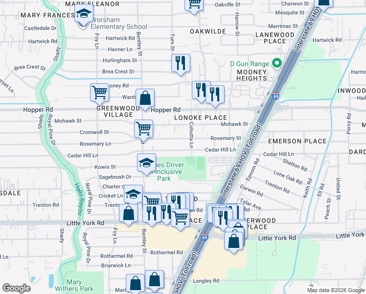 map of restaurants, bars, coffee shops, grocery stores, and more near 3530 Rosemary Lane in Houston