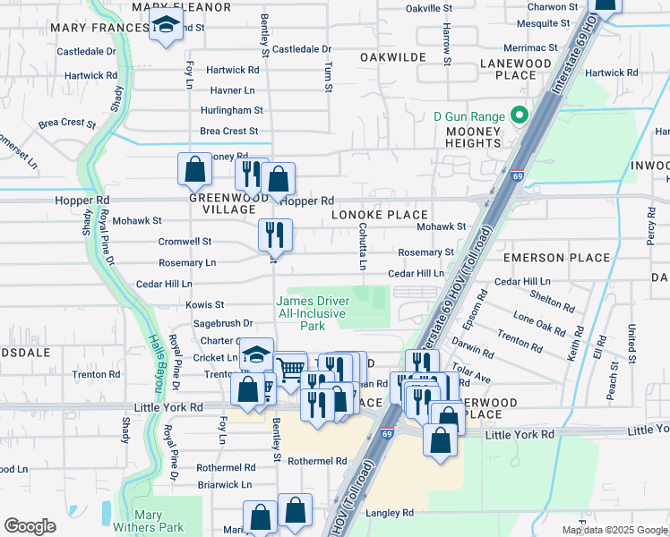 map of restaurants, bars, coffee shops, grocery stores, and more near 3530 Rosemary Lane in Houston