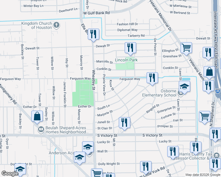 map of restaurants, bars, coffee shops, grocery stores, and more near 8404 Knox Street in Houston