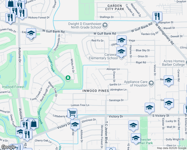 map of restaurants, bars, coffee shops, grocery stores, and more near 7666 Athlone Drive in Houston