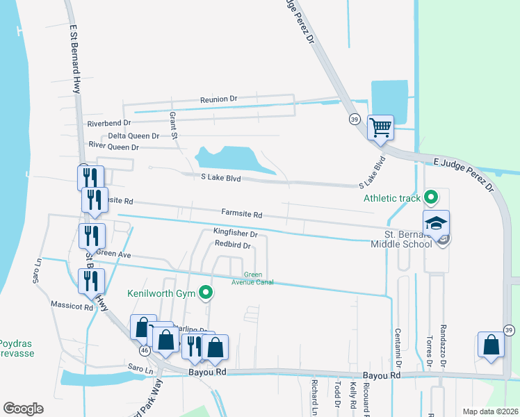 map of restaurants, bars, coffee shops, grocery stores, and more near 2600 Farmsite Road in Violet