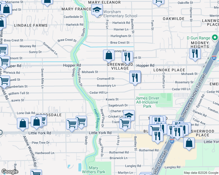 map of restaurants, bars, coffee shops, grocery stores, and more near 3117 Rosemary Lane in Houston