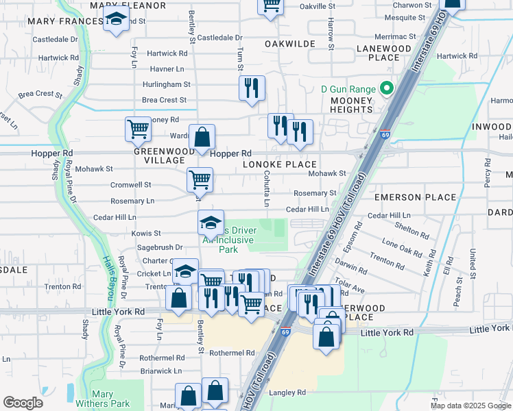 map of restaurants, bars, coffee shops, grocery stores, and more near 3530 Rosemary Lane in Houston